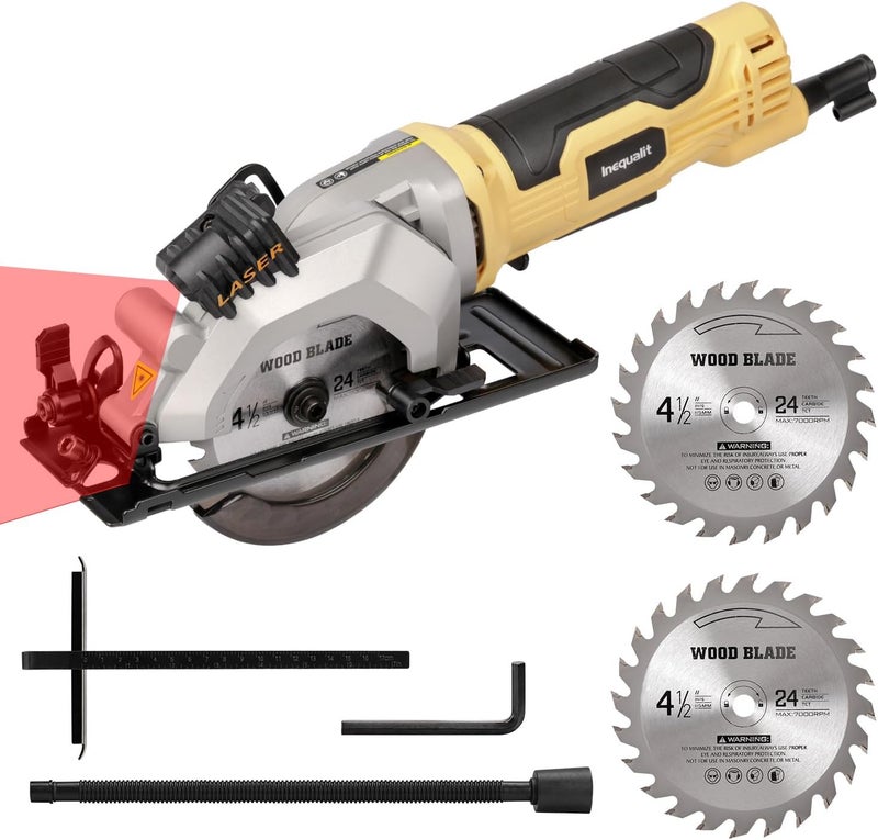 Inequalit 4Amp Mini Circular Saw, 3500RPM Corded Compact Saw with 4-1/2" 24T TCT Blades, Laser Guide, Rip Guide, Vacuum Adapter and Blade Wrench, Max Cutting Depth 1-11/16"(90°), 1-1/8"(45°） - Image 1